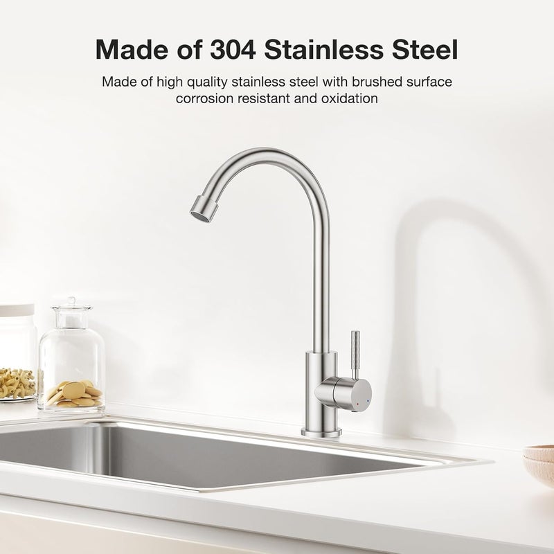 Crea Brushed Faucet for Kitchen Bar Outdoor Sink 1 Hole 3Holes(with Deck Plate)，High Arc 360°Swivle Single Handle Tap Brushed 304 Stainless Steel - Image 5